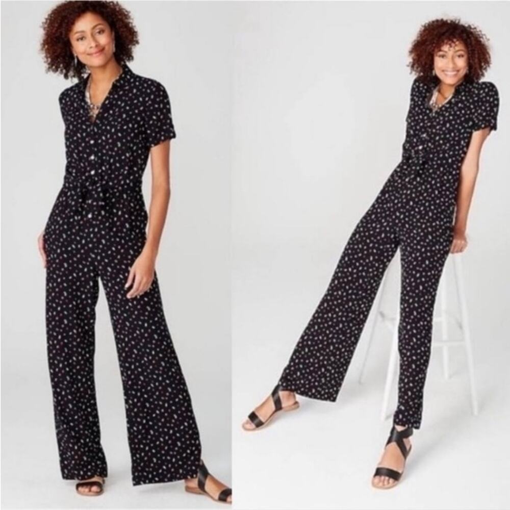J.Jill Black Floral Button Front Jumpsuit Wide Leg Elastic Waist XS NWT